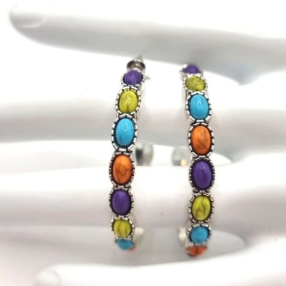 New FREE PEOPLE Buckaroo C shaped hoop multi color turquoise earrings - Picture 4 of 8